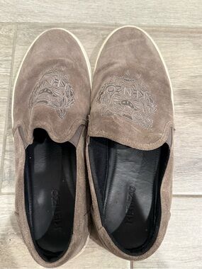 KENZO Taupe Suede Slip-On Loafers with Embroidered Tiger